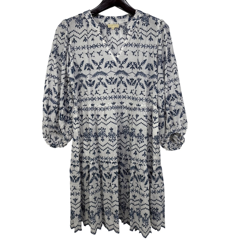 Ruby Yaya White Navy Blue Embroidered Cotton Tiered Boho Tunic Dress Large